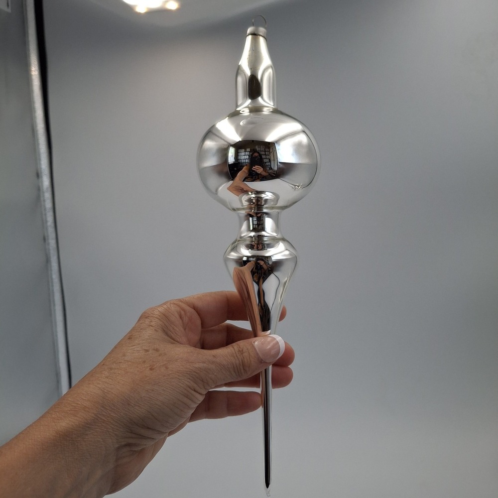Mexican Mercury Glass Christmas Finial Ornaments Pair 10" Blown Silver
